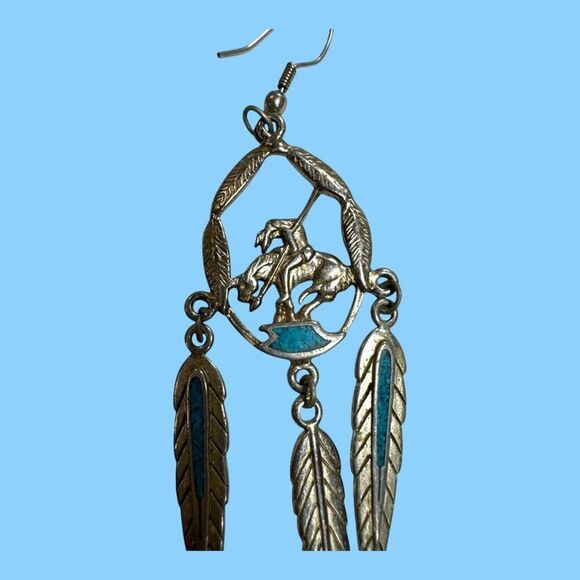 Signed Walldeck Jewelry Silver Tone Turquoise End Of The Trail Pierced Earrings - Picture 7 of 9